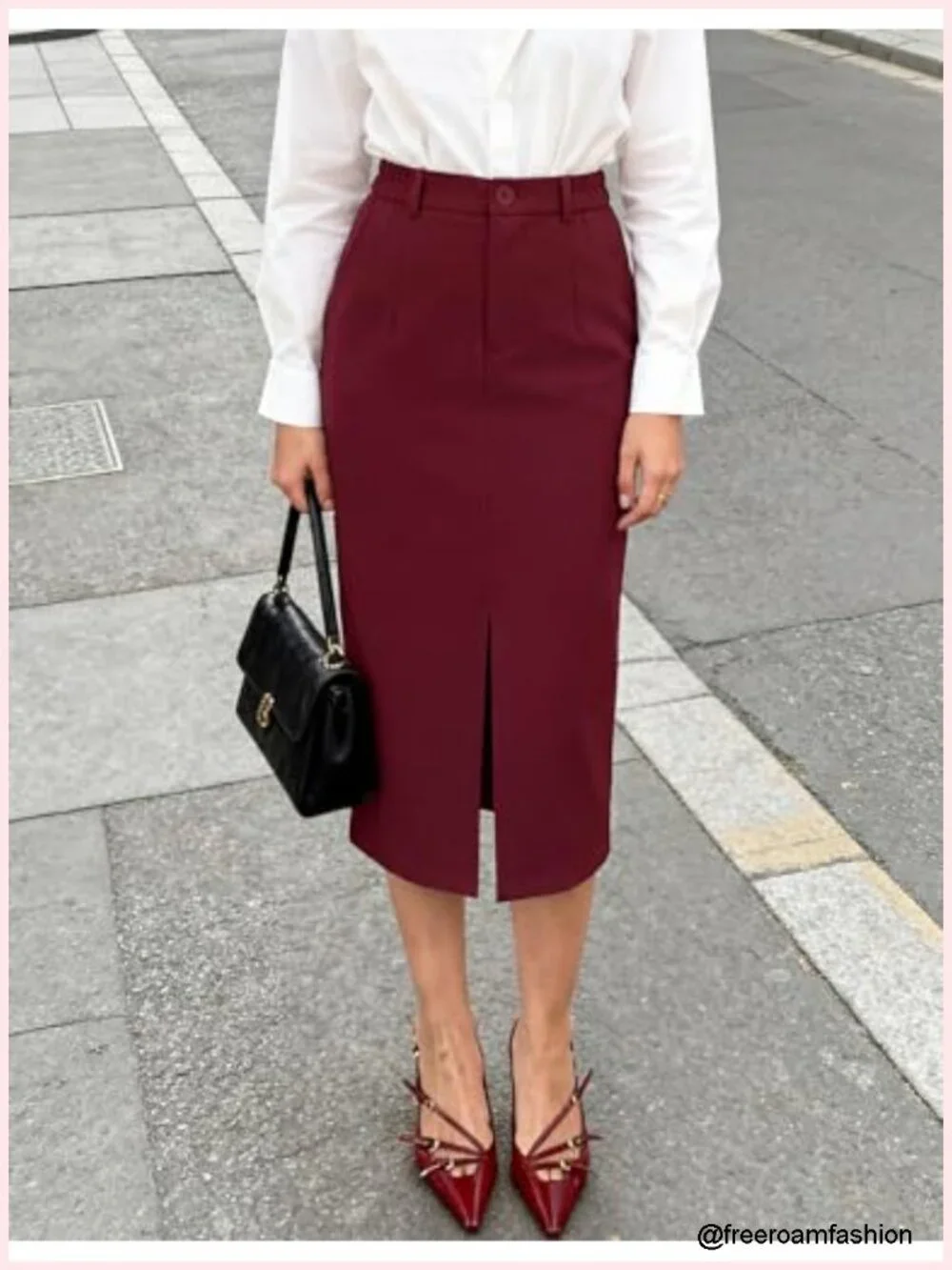 High Waisted Pencil Midi Skirt with Front Slit and Pockets